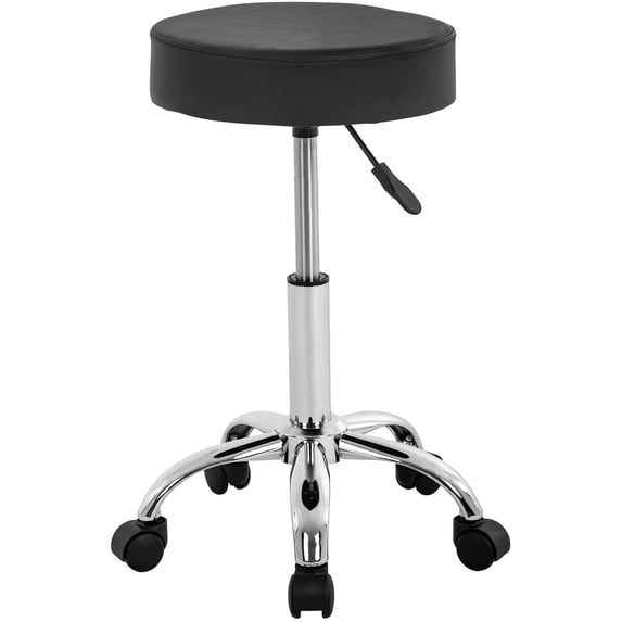 BestOffice Round Rolling Stool with Swivel Garage Stool with Wheels PU Cushion Leather Stool for Office, Massage (Black)