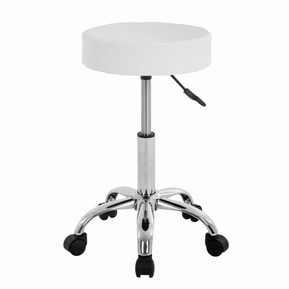 BestOffice Round Rolling Stool with Swivel Garage Stool with Wheels PU Cushion Leather Stool for Office, Massage (White)
