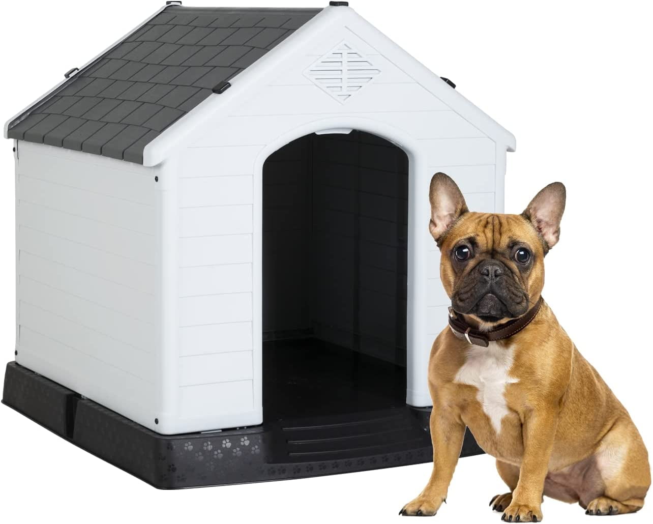 BestPet 28" Insulated Dog House, Durable Plastic, Weatherproof, Elevated Flr, Air Vents, Grey
