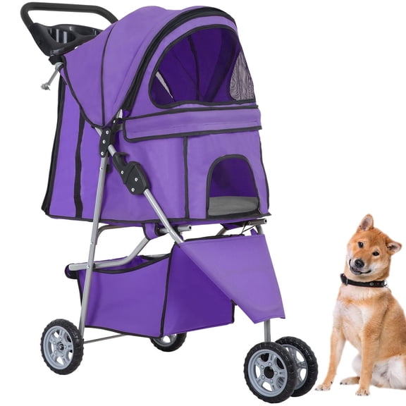 Bestpet Purple 3-Wheel Collapsible Oxford Cloth Pet Stroller for Small Dogs & Cats
