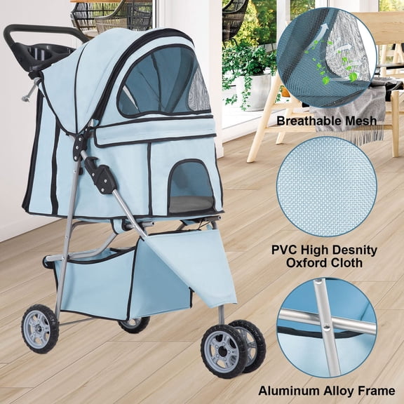 BestPet 3 Wheels Pet Stroller Folding with Cup Holder & Removable Liner,Light Blue，Suitable for dogs and cats.