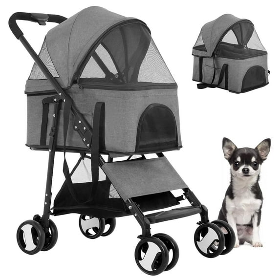 BestPet 3-in-1Pet Stroller Premium Multifunction Dog Cat with Detachable Carrier &Cup Holder,Grey