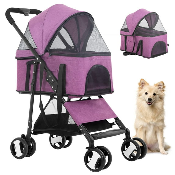 BestPet 3-in-1Pet Stroller Premium Multifunction Dog Cat with Detachable Carrier &Cup Holder,Purple, 4 Wheels