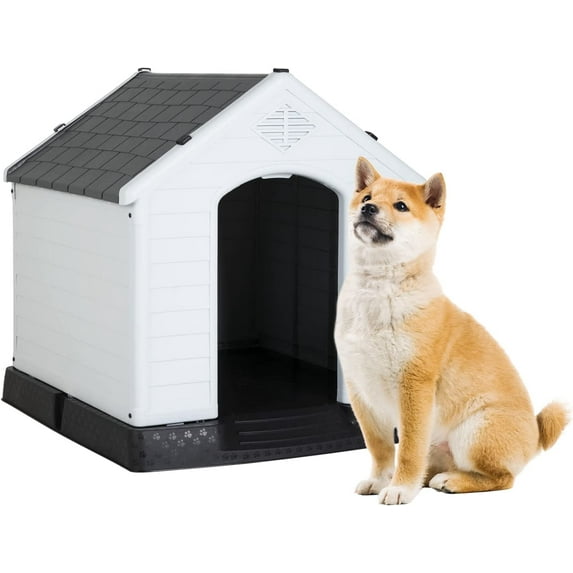 BestPet 32" Insulated Dog House, Durable Plastic, Indoor/Outdoor, Weatherproof, Air Vents, Elevated Floor, Grey