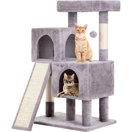 BestPet 36" Cat Tree, Multi-Level Condo, Scratch Posts, Ramp, Cave & Toys. Ideal for Indoor Cats, Ash Grey