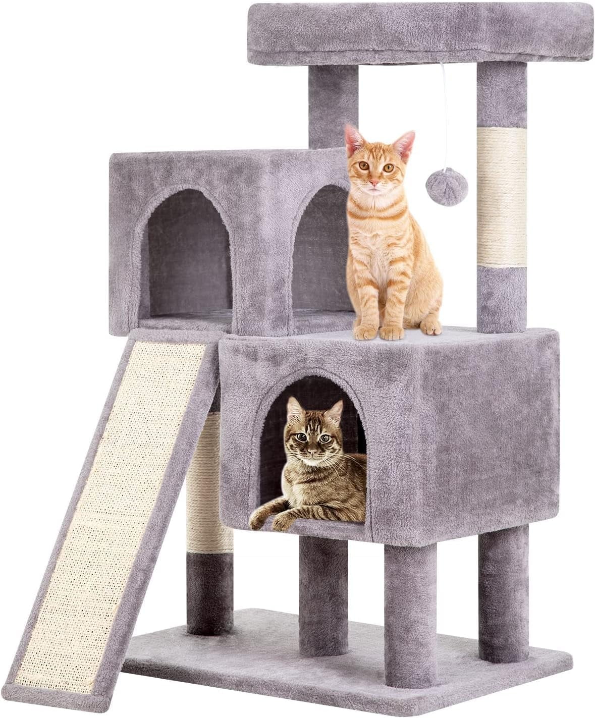 BestPet 36" Cat Tree, Multi-Level Condo, Scratch Posts, Ramp, Cave & Toys. Ideal for Indoor Cats, Ash Grey