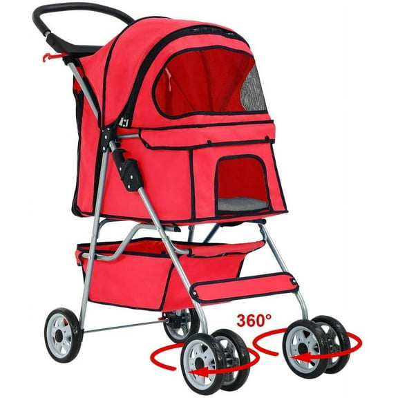 BestPet 4 Wheel Folding Pet Stroller, Red, Cat, 4 Wheels