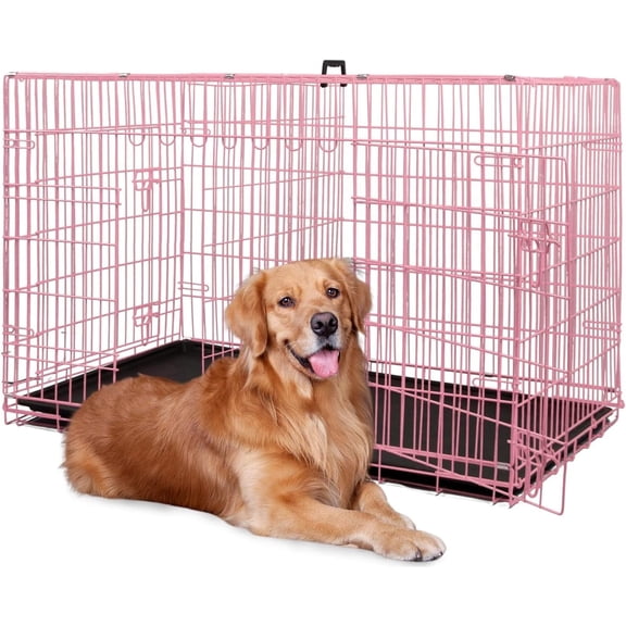 BestPet 48 inch Foldable Metal Dog Crate for Large Dogs, Double Door, Divider, Removable Tray(Pink)