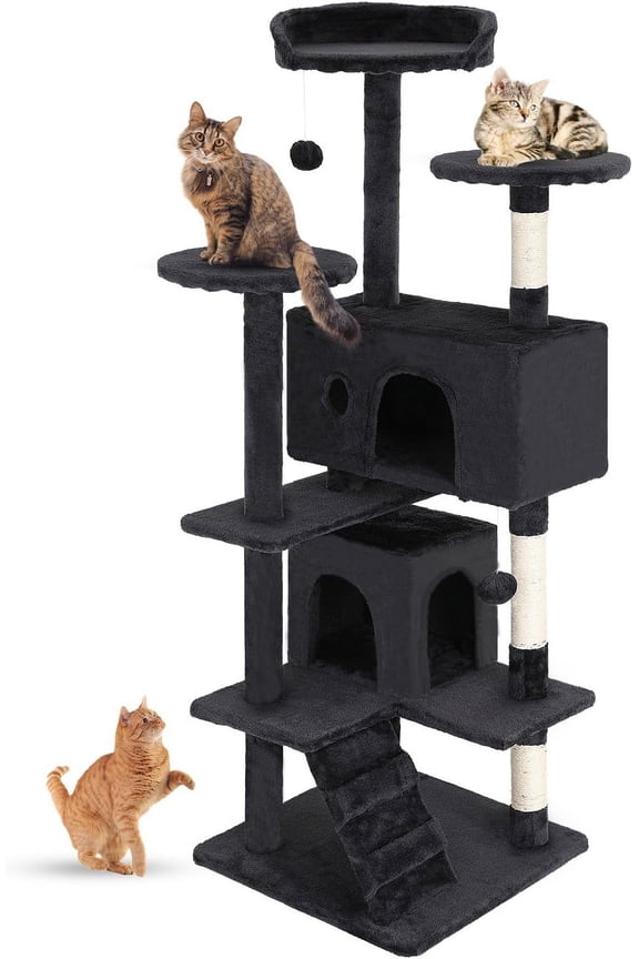 54 in Dark Gray Cat Tree Tower with Scratch Posts Condo and Toys for Active Cats