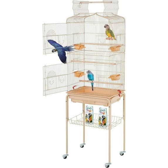 BestPet 64" Large Rolling Metal Bird Cage with Open Top, Almond