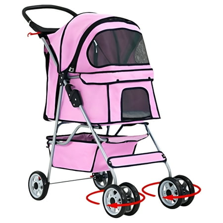 BestPet 4 Wheels Pet Stroller Cat & Dog Cage Stroller Travel Folding Carrier,Pink