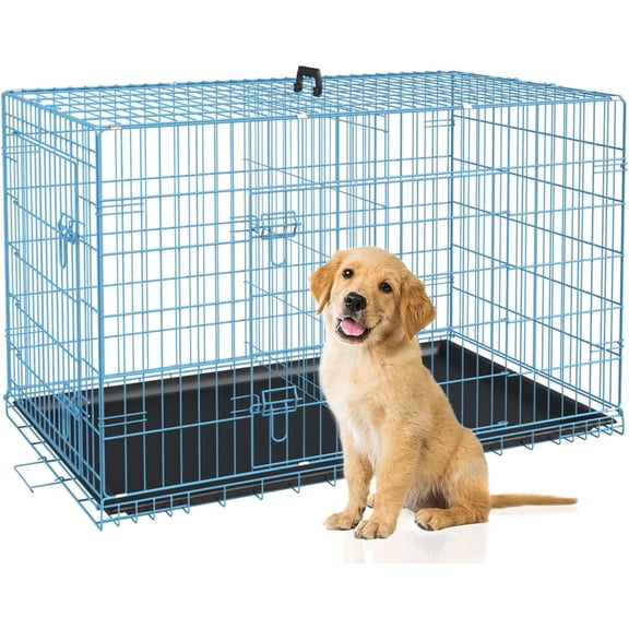 BestPet Large Dog Crate, 30" Blue, Metal Wire, Double Door, Folding, with Plastic Tray & Handle