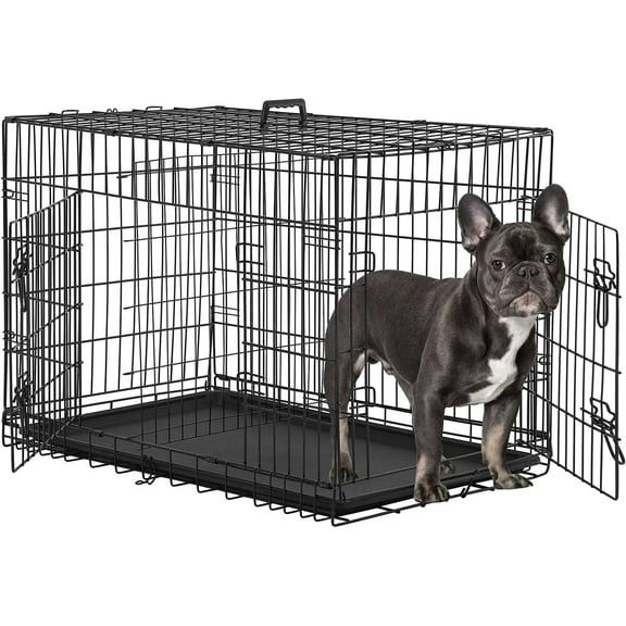BestPet Large Dog Crate, 30in, Metal Wire, Double Door, Folding, Plastic Tray, Handle, Black