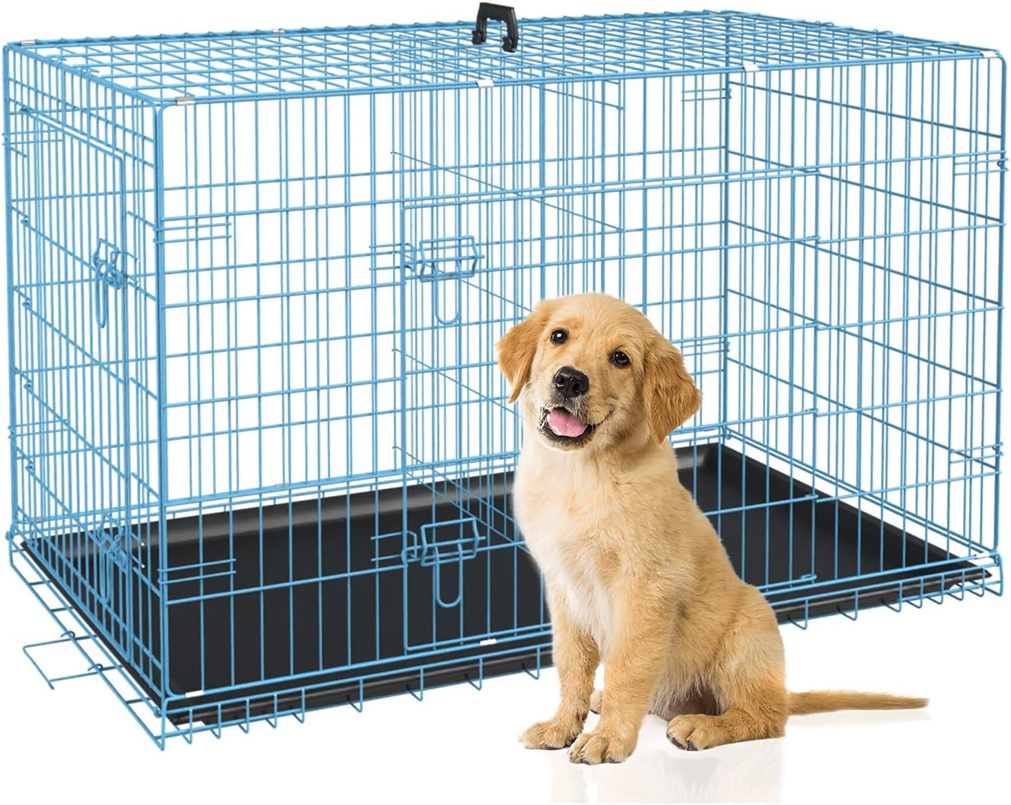 BestPet Large Dog Crate, 30" Blue, Metal Wire, Double Door, Folding