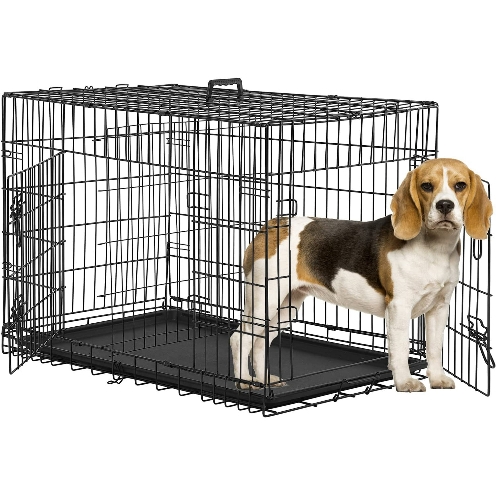 Large Black Metal Double Door Dog Crate with Tray