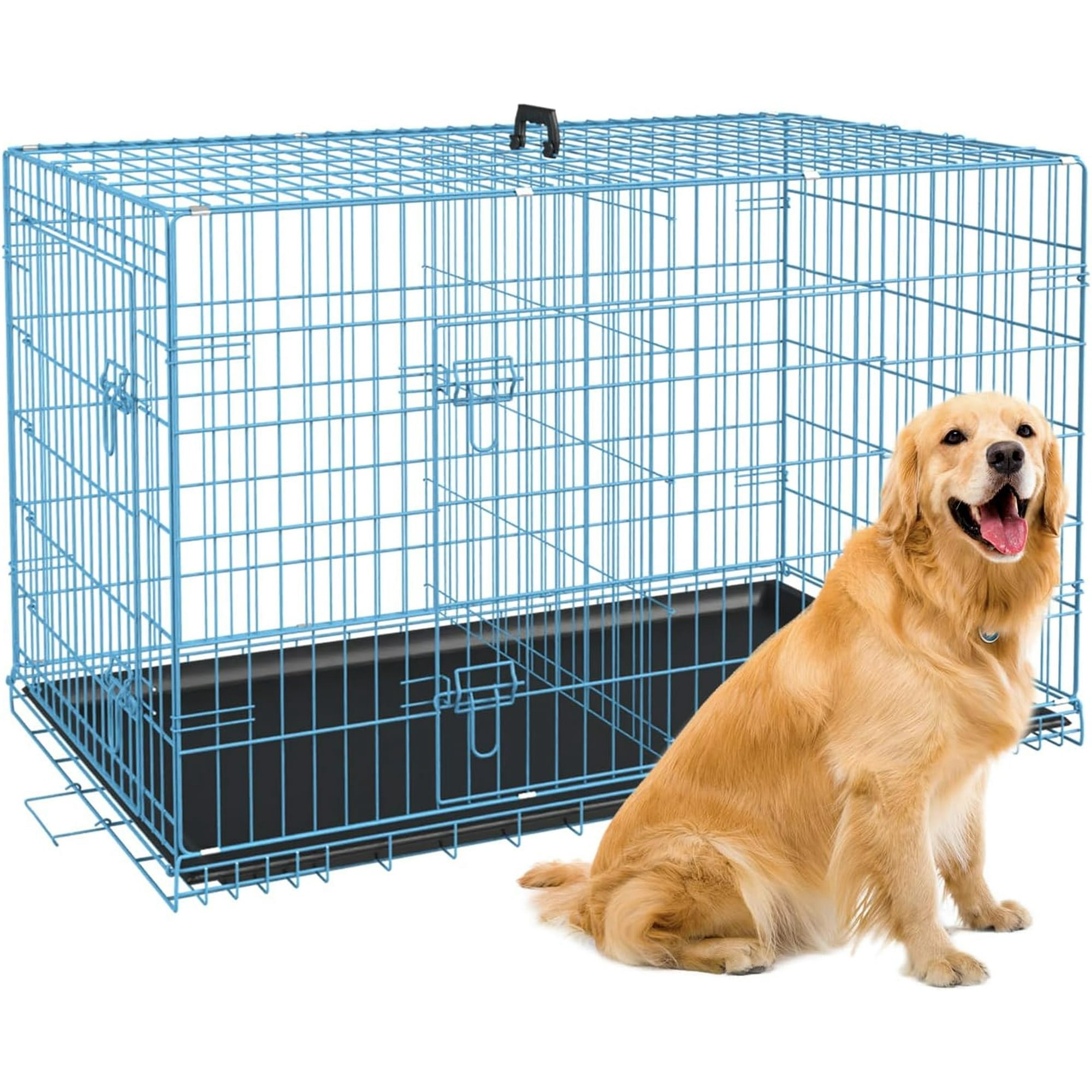 BestPet Heavy Duty Large Dog Crate 42in Double Door Metal Wire Pet Cage with Tray Blue Walmart
