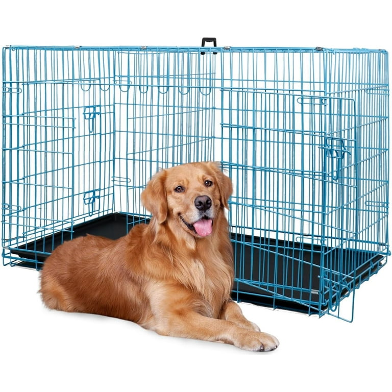 BestPet Large Dog Crate Metal Wire Double Door Folding Pet Animal Pet Cage with Plastic Tray and Handle 48inches Blue Walmart