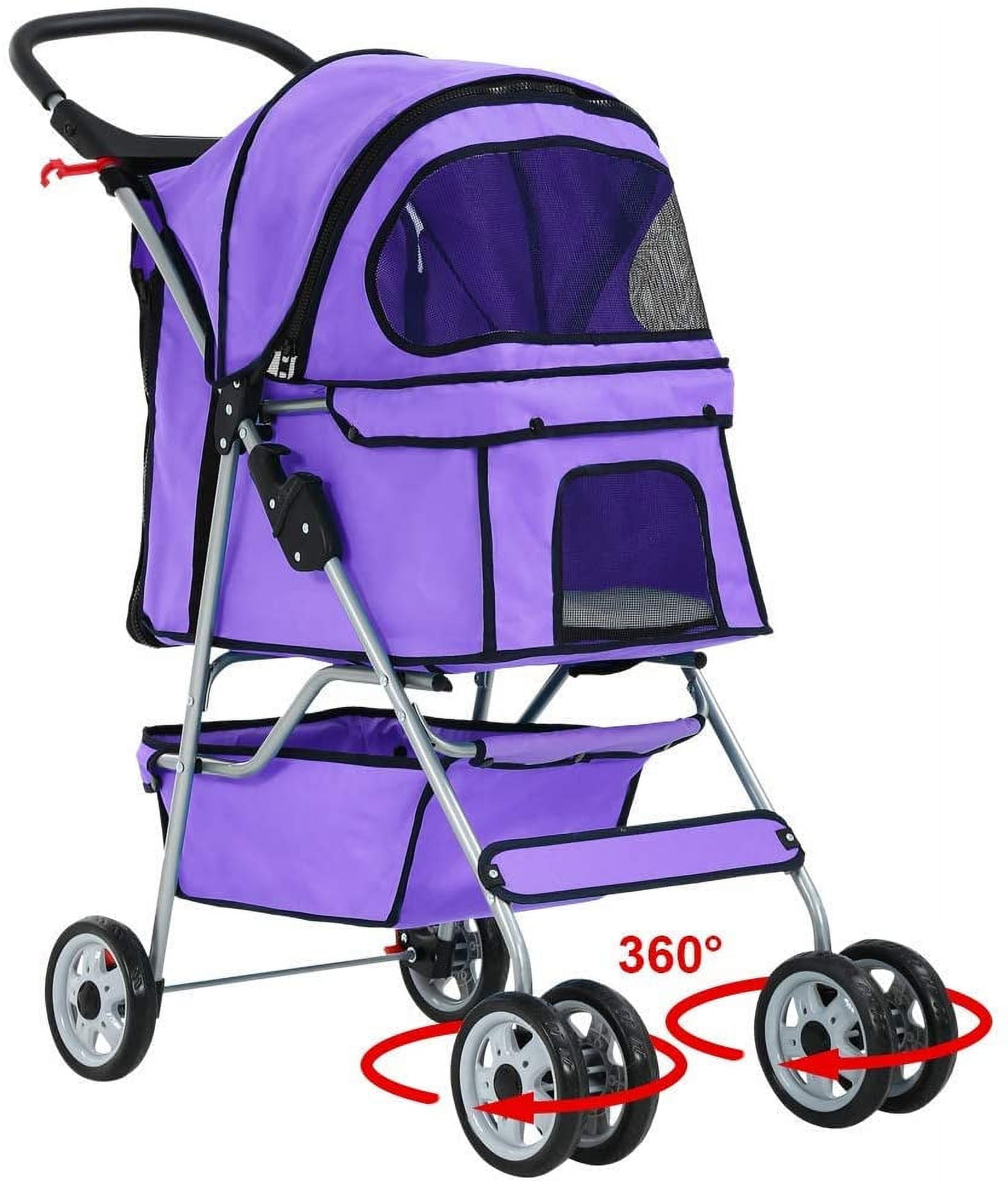 Purple Waterproof 4-Wheel Pet Stroller with Mesh Windows