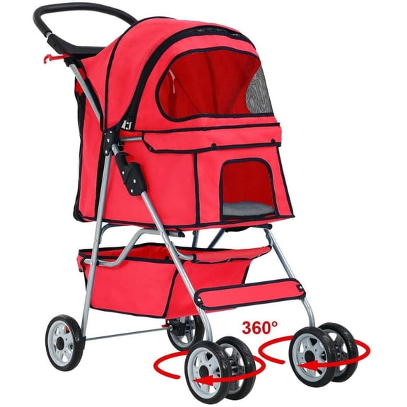 BestPet Pet Stroller Cat Dog Cage Stroller Travel Folding Carrier,Red, 4 Wheels