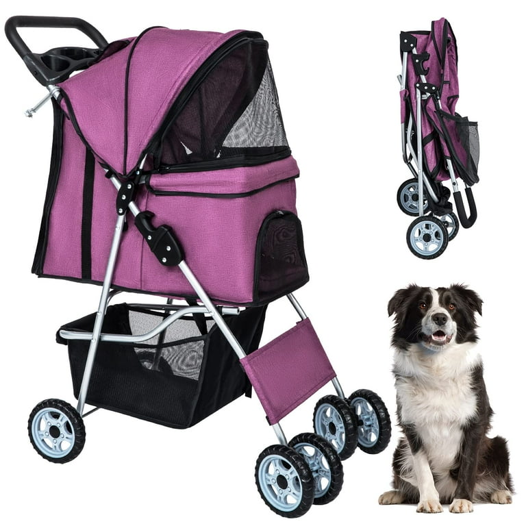 BestPet Pet Stroller Dog Cat Stroller Folding Lightweight Travel Stroller with Cup Holder Purple 4 Wheels