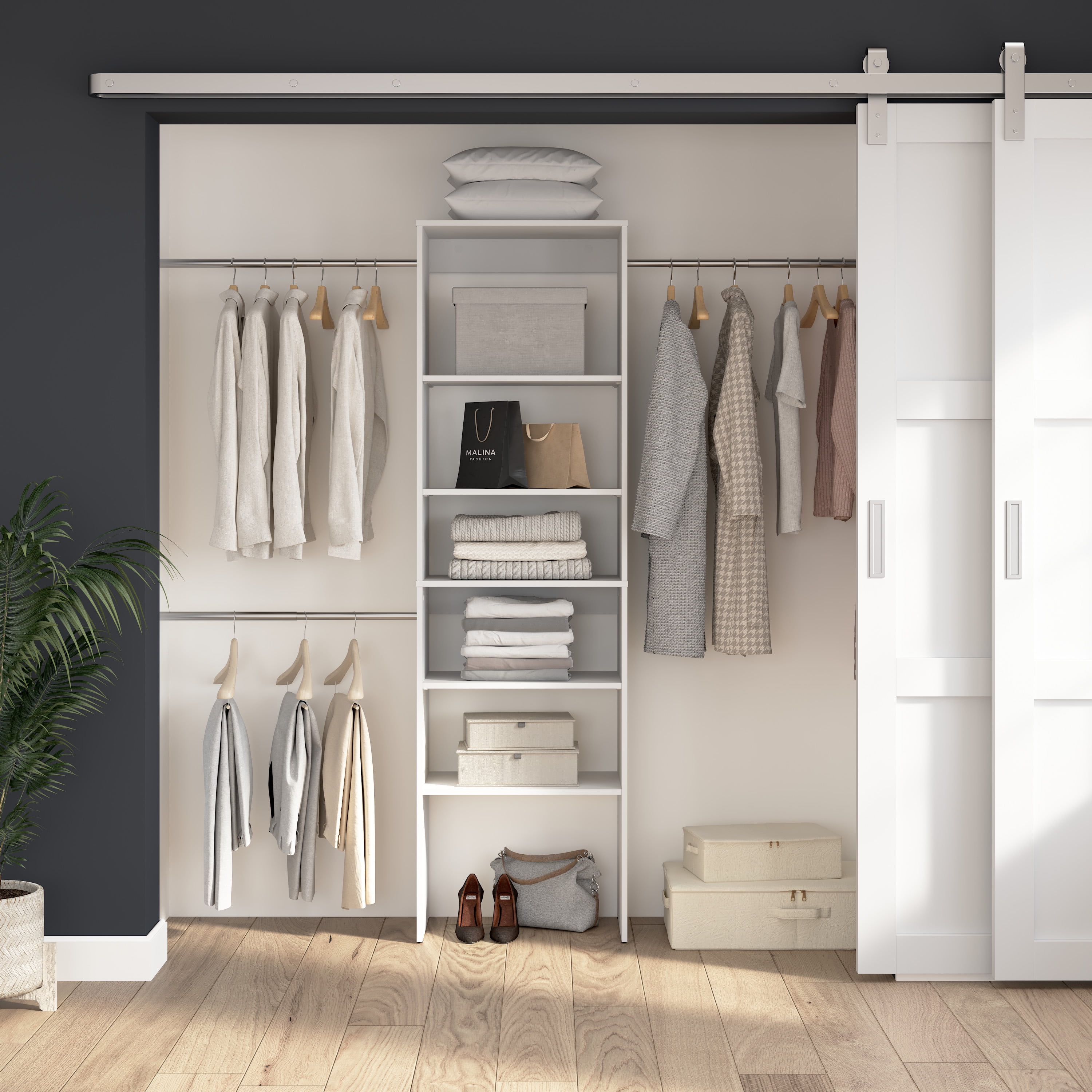 White Engineered Wood 5-Shelf Closet Organizer with Clothing Rods