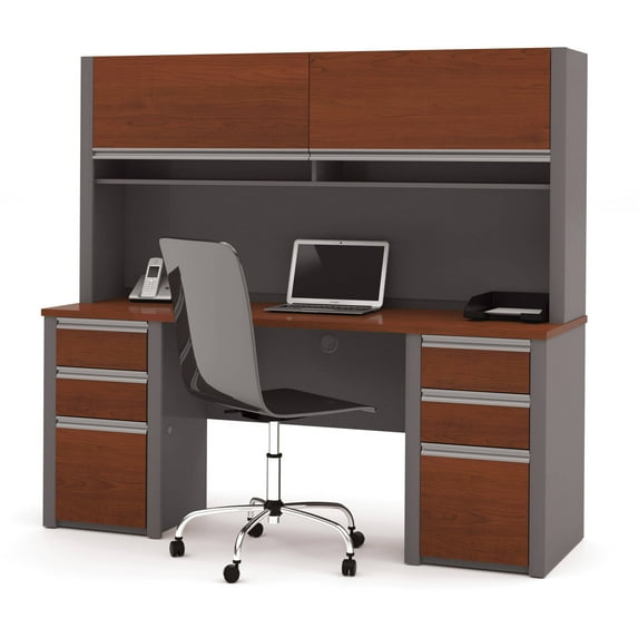 BeStar Connexion Credenza & Hutch w/2 Pedestals Bordeaux & Slate, 6-Drawer