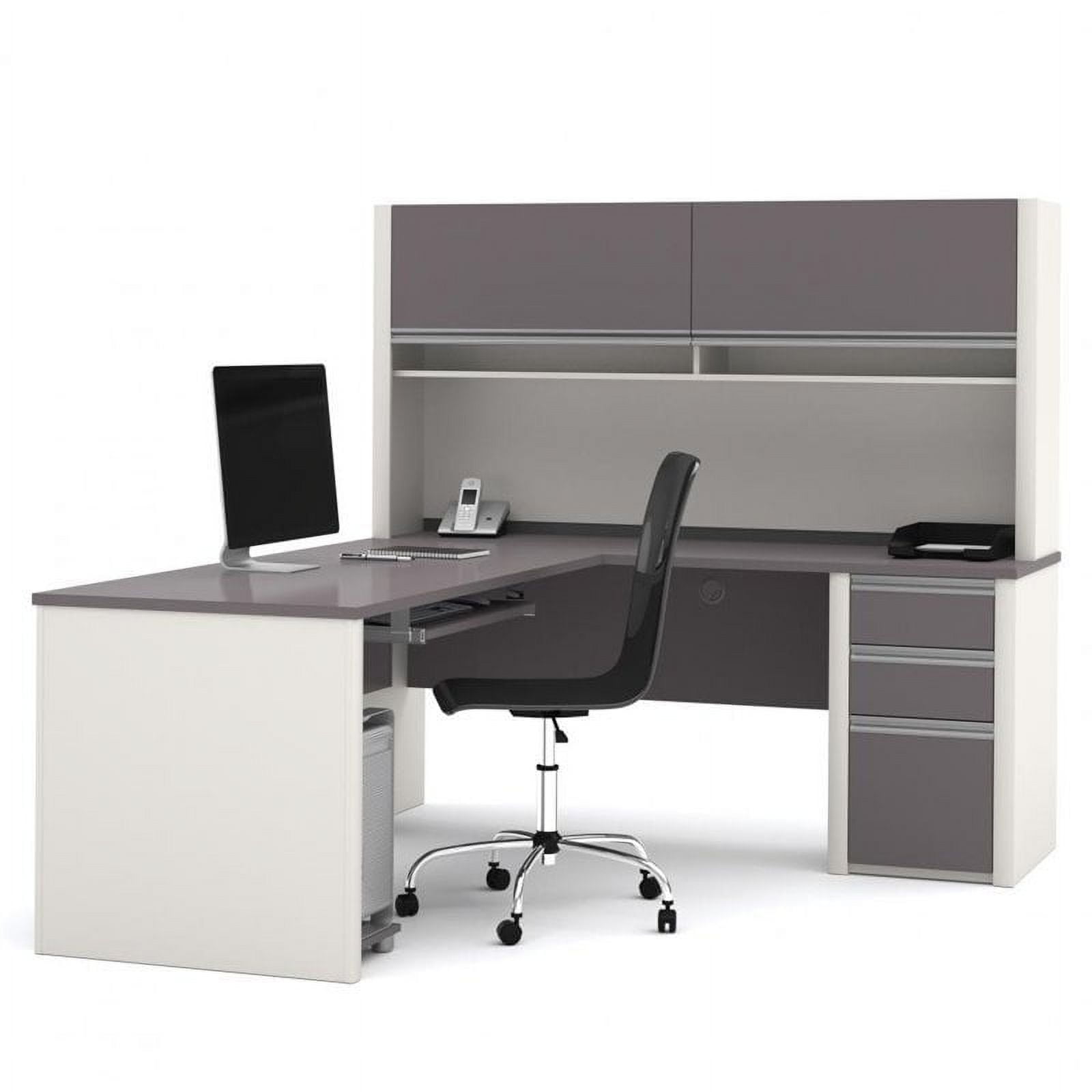 Contemporary L-Shaped Sandstone Workstation with Hutch and Pedestal