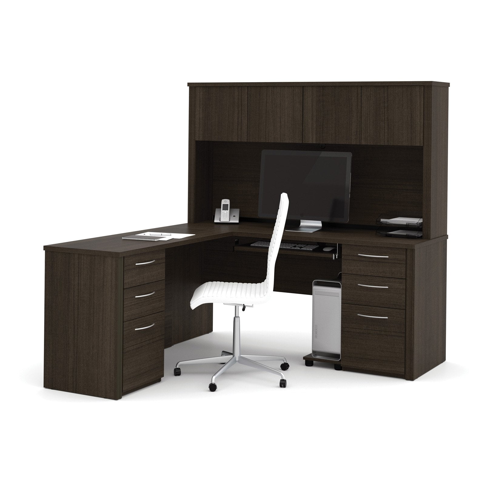 Executive 70'' Dark Chocolate Wood L-Shaped Desk with Hutch & Drawers
