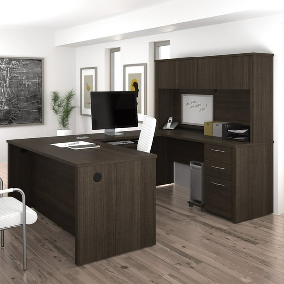 Bestar Embassy 66" U-Desk with Hutch in Dark Chocolate