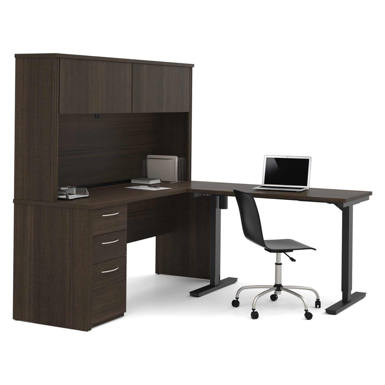 Modern Dark Chocolate Adjustable Height L-Shaped Desk with Hutch
