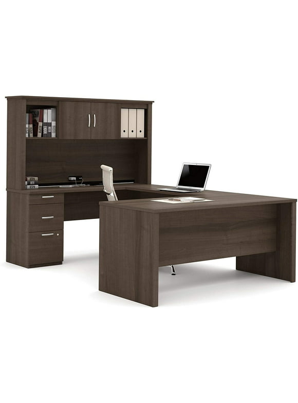 Bestar Logan 66W L-Shaped Executive Desk with Pedestal and Hutch in antigua