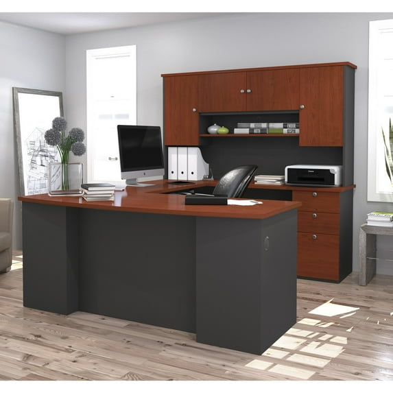 Manhattan U-shaped workstation in Bordeaux & Graphite