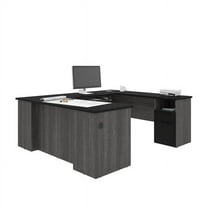 Bestar Norma Modern U Shaped Wood Computer Desk in Black and Bark Gray