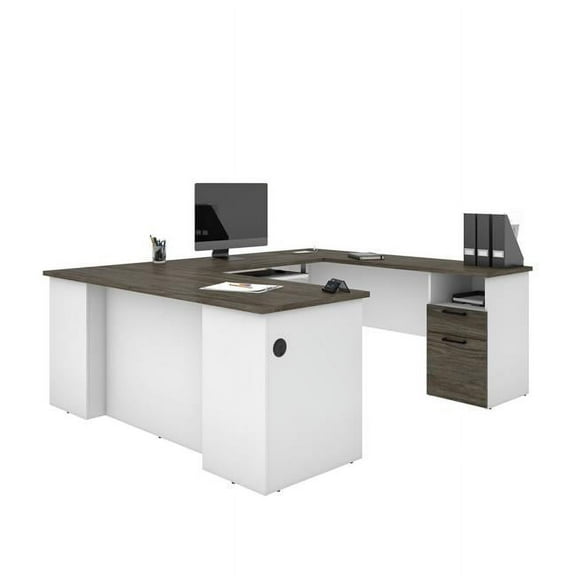 Bestar Norma U Shaped Computer Desk in Walnut Gray and White