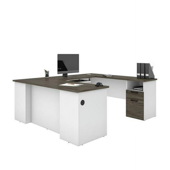 Bestar Norma U Shaped Computer Desk in Walnut Gray and White