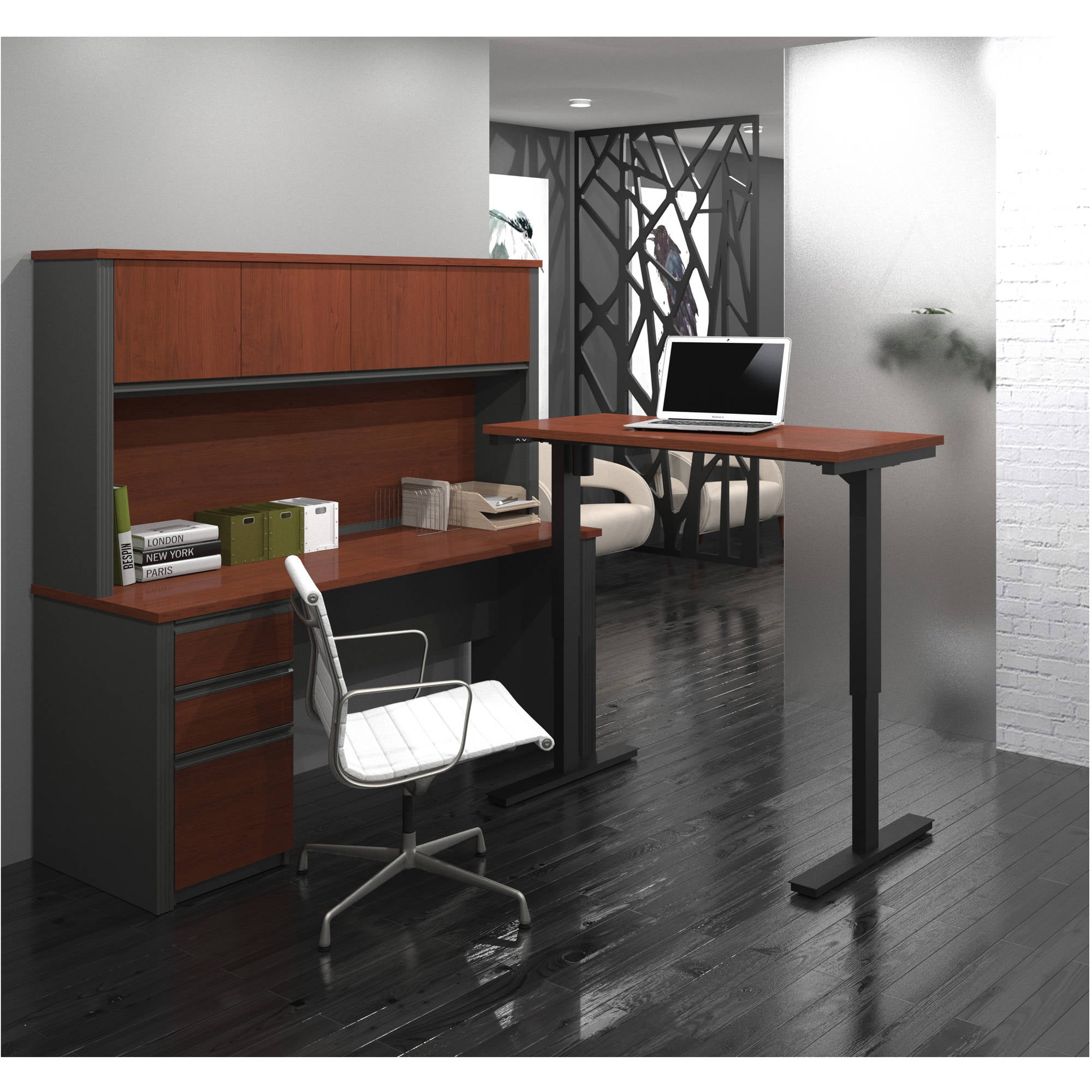 Bestar Prestige L Desk with Hutch Including Electric Height