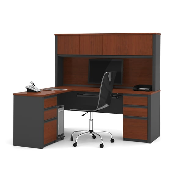 Bestar Prestige L-Shaped Workstation with Hutch and Dual Pedestals - Bordeaux and Graphite