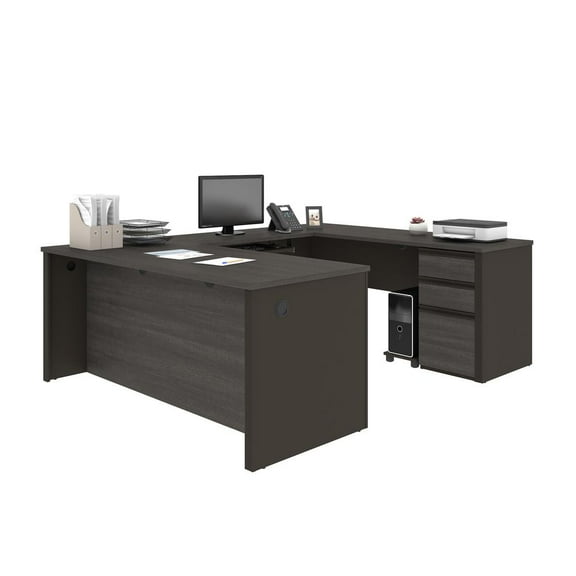 Bestar Prestige Plus 5 Piece U Shaped Computer Desk in Bark Gray and Slate
