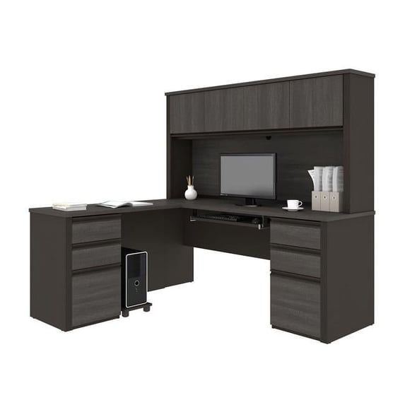 Bestar Prestige Plus 6 Piece L Shaped Computer Desk with Hutch in Bark Gray