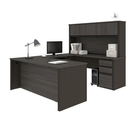 Bestar Prestige Plus 6 Piece U Shaped Computer Desk with Hutch in Bark Gray