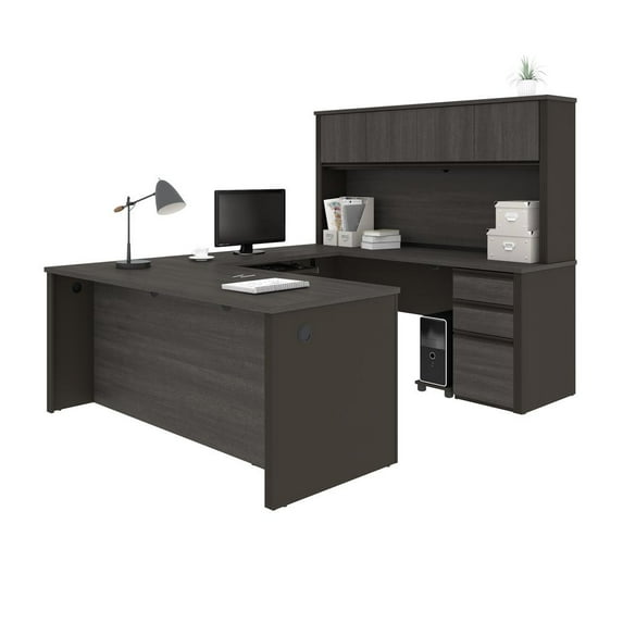 Bestar Prestige Plus 6 Piece U Shaped Computer Desk with Hutch in Bark Gray
