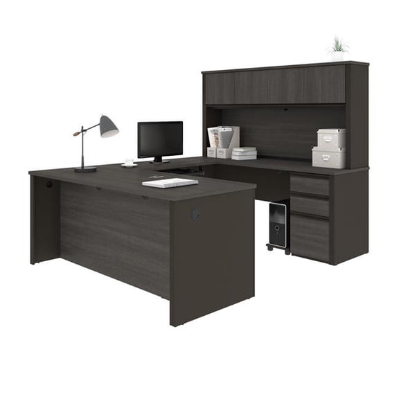 Bestar Prestige Plus 6 Piece U Shaped Computer Desk with Hutch in Bark Gray