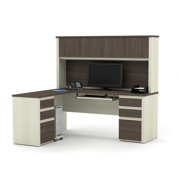 Bestar Prestige Plus L-Desk with Hutch in White Chocolate and Antigua