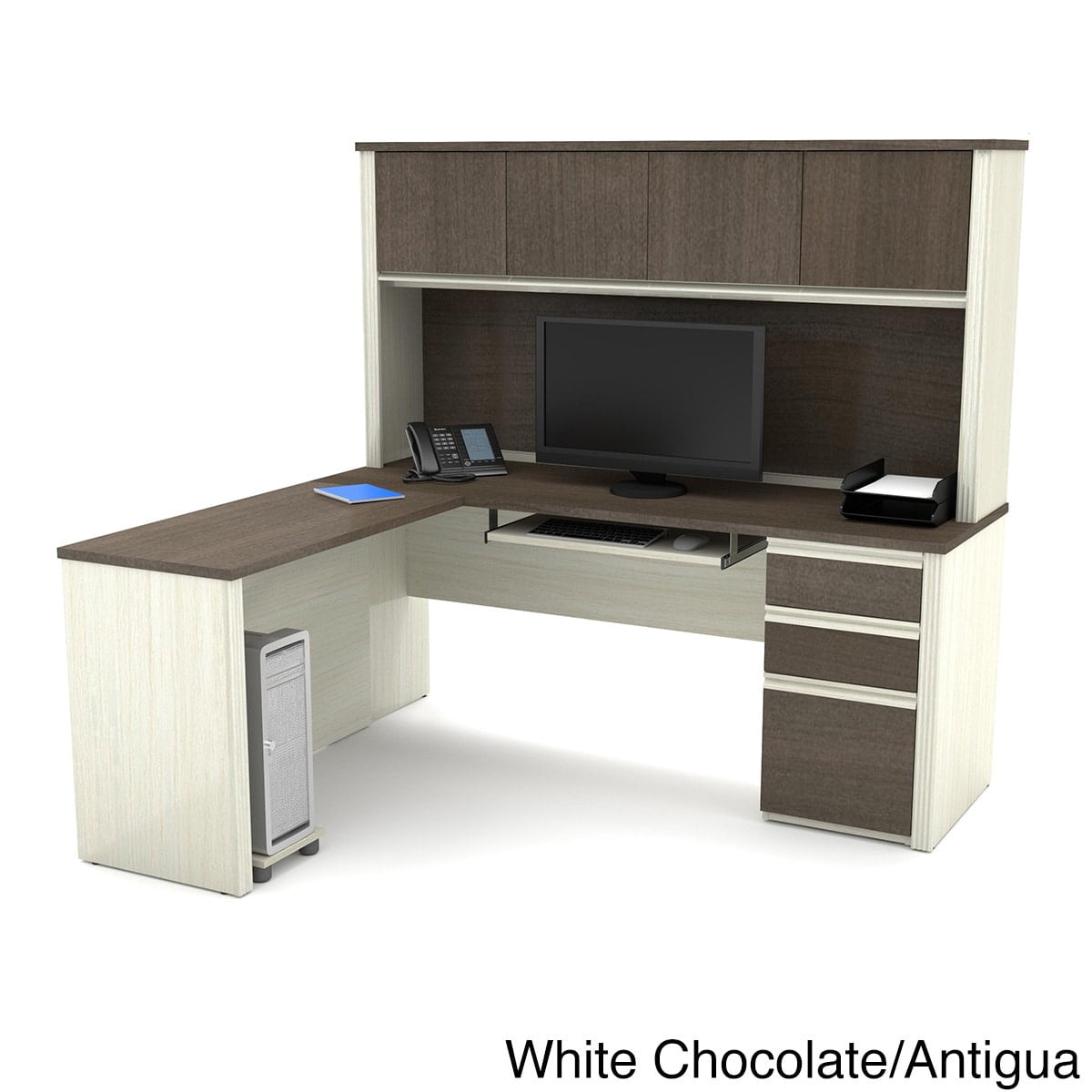 Contemporary White and Antigua L-Shaped Desk with Hutch and Drawers