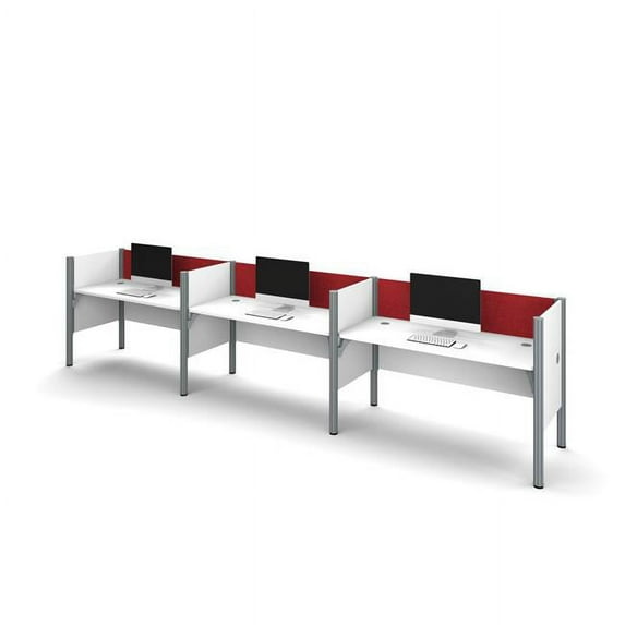 Bestar Pro-Biz 3 Person Melamine/Metal Workstation in White and Red