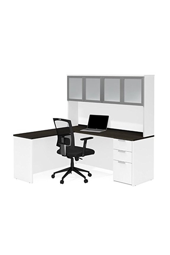 Pro Concept Plus L Desk with 4 Door Hutch in White and Deep Gray