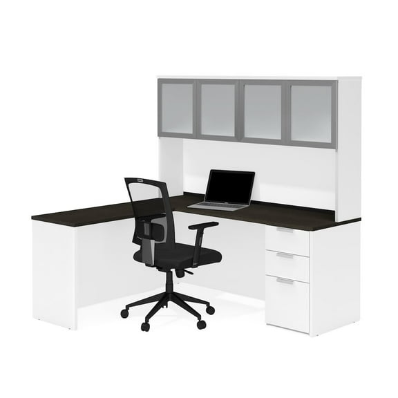 Bestar Pro Concept Plus L Desk with 4 Door Hutch in White and Deep Gray
