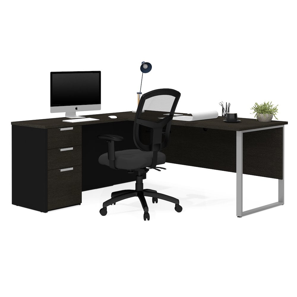 Contemporary Black Wood Corner Office Desk with Filing Cabinet