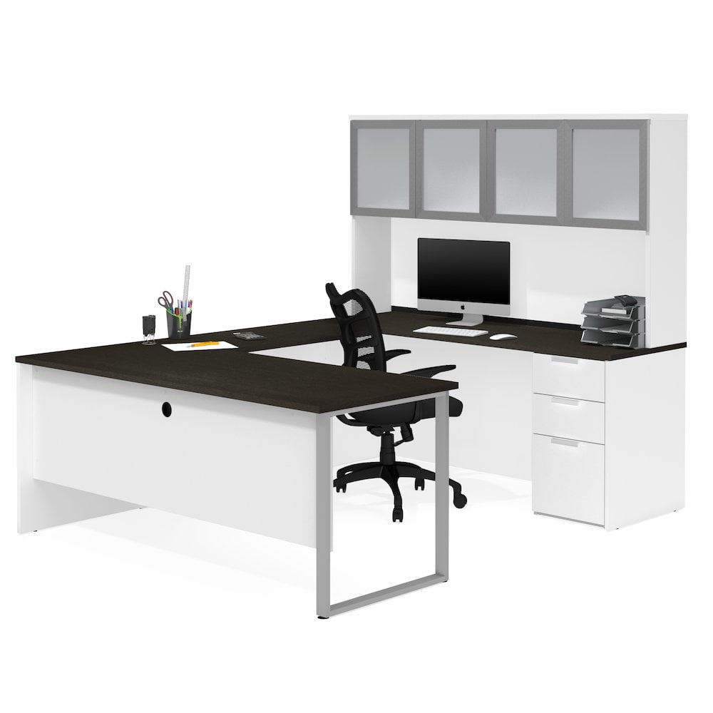 White and Deep Grey U-Shaped Executive Desk with Hutch