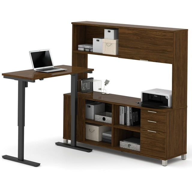 Bestar Pro-Linea L-Desk with Hutch Including Electric Height Adjustable Table, Multiple Colors
